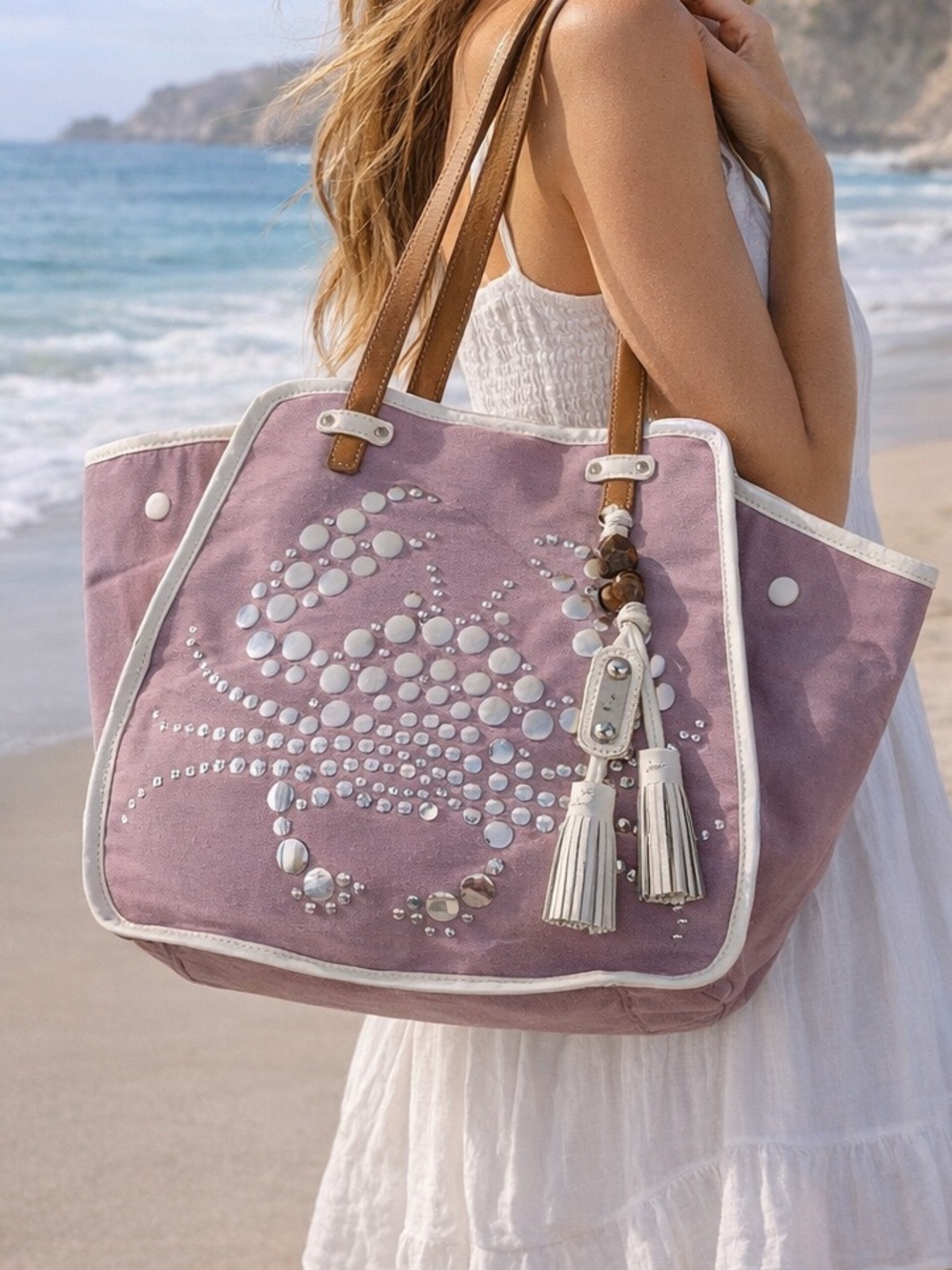 RAFE Lilac Canvas Tote | Silver Studded Crab | Coastal Statement Bag New